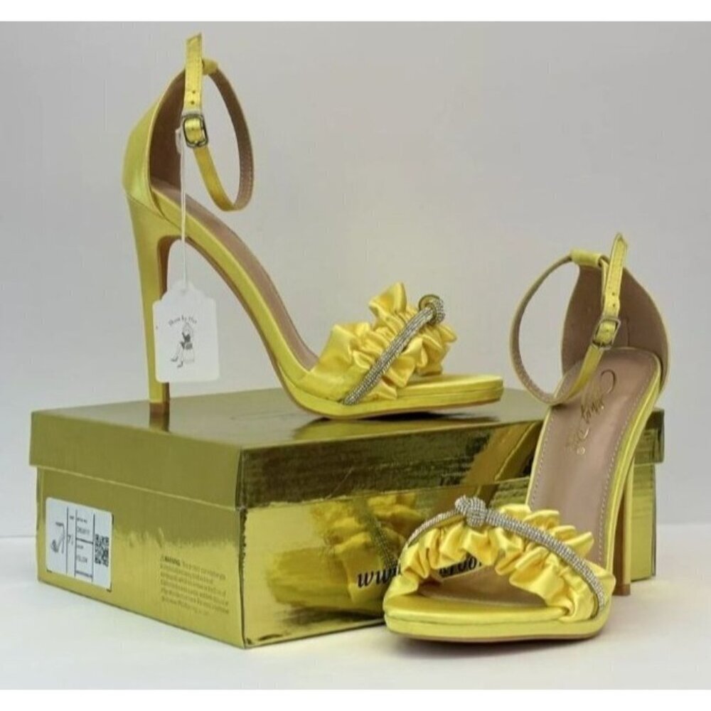 KATHY DIN / Chelsey-17 / Yellow Satin / Rhinestone / Ruffle / High Heeled Sandal - Picture 9 of 10